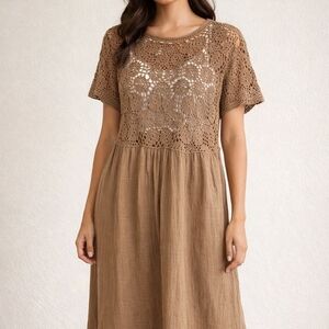 ZARA Mixed Macramé Knit Midi Dress Earth Brown - Size Large